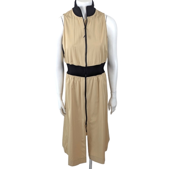GSTQ 2 Way Zip Midi Dress NEW Womens Medium Beige Black Minimalist - Picture 2 of 14